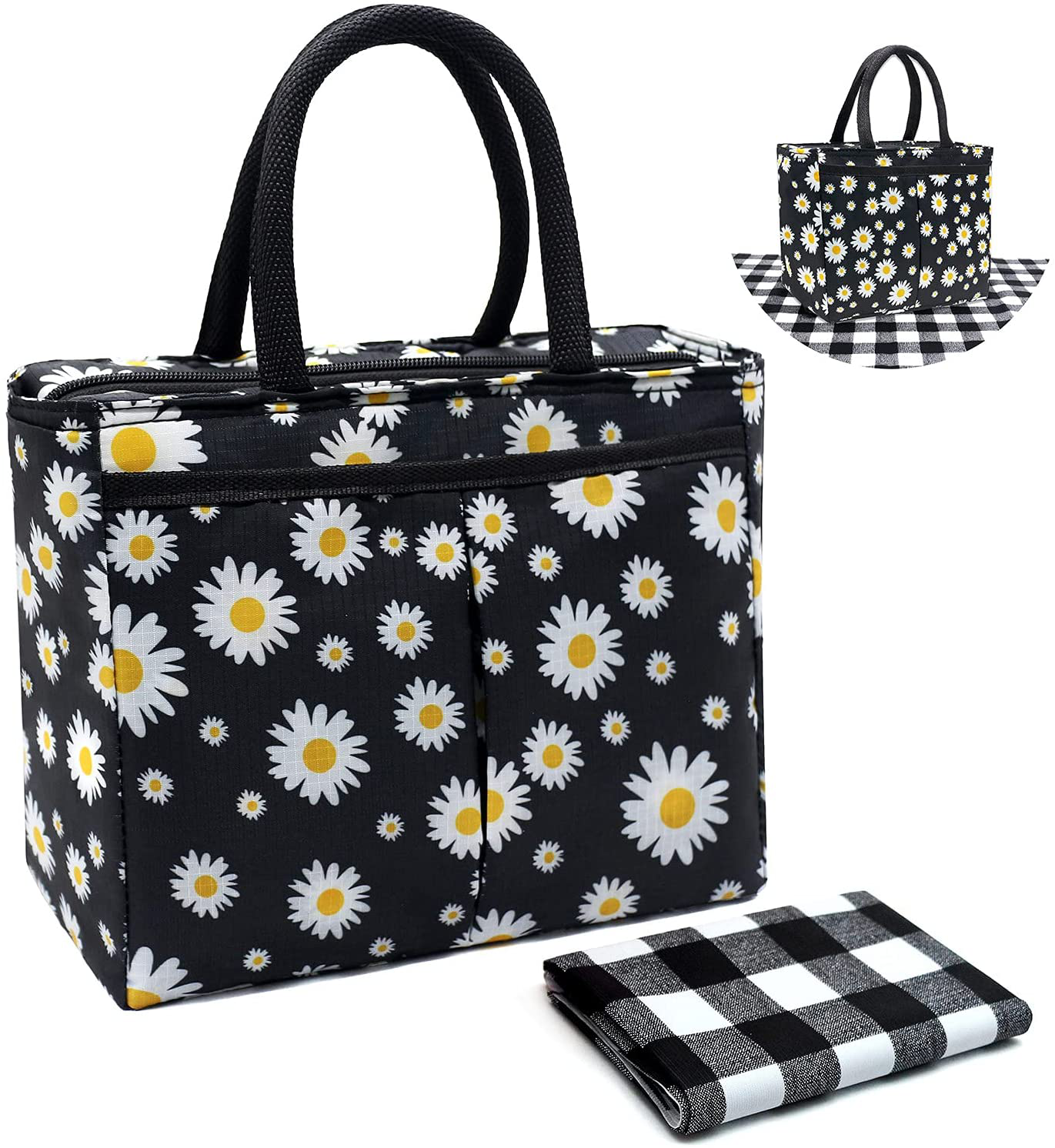 Lunch Bags for Women and Girls Cute Lunch Tote Bag Daisy Lunch Box with a Placement for Work School,Black