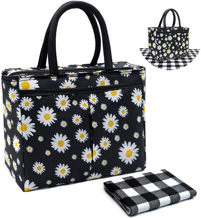 Lunch Bags for Women and Girls Cute Lunch Tote Bag Daisy Lunch Box with a Placement for Work School,Black
