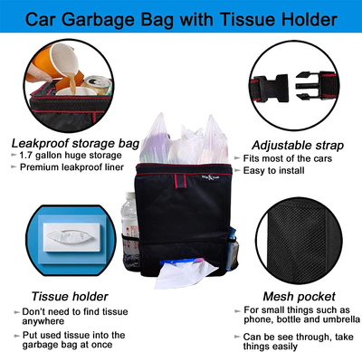 Car Portable Garbage Bag, Leak-Proof Car Trash Can with Mesh Pockets, Car Storage and Tissue Holder, Car Trash Bag with Storage Pockets, Black