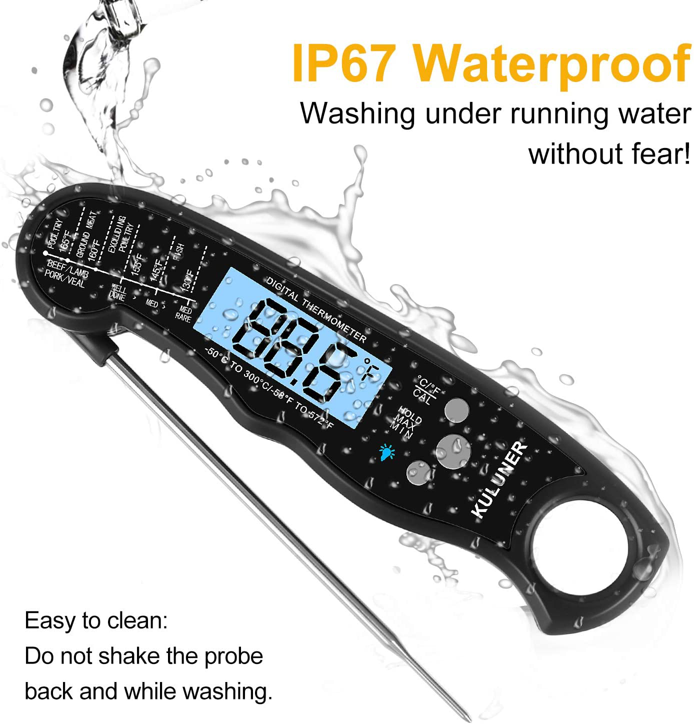 KULUNER TP-01 Waterproof Digital Instant Read Meat Thermometer with 4.6” Folding Probe Backlight & Calibration Function for Cooking Food Candy, BBQ Grill, Liquids,Beef（Red）