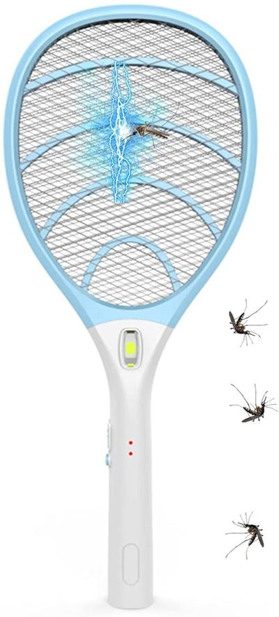 Rechargeable Electric Powerful Bug Zapper Fly Swatter Racket, Handheld Wasp Mosquitoes Flies Insects Killer Racquet for Indoor and Outdoor Pest Control Bat, eco Friendly Safe 4000 Volt, Blue/Gray