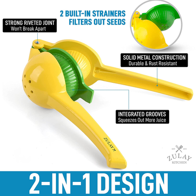 Zulay Metal 2-In-1 Lemon Lime Squeezer - Hand Juicer Lemon Squeezer - Max Extraction Manual Citrus Juicer (Bright Red and Yellow)