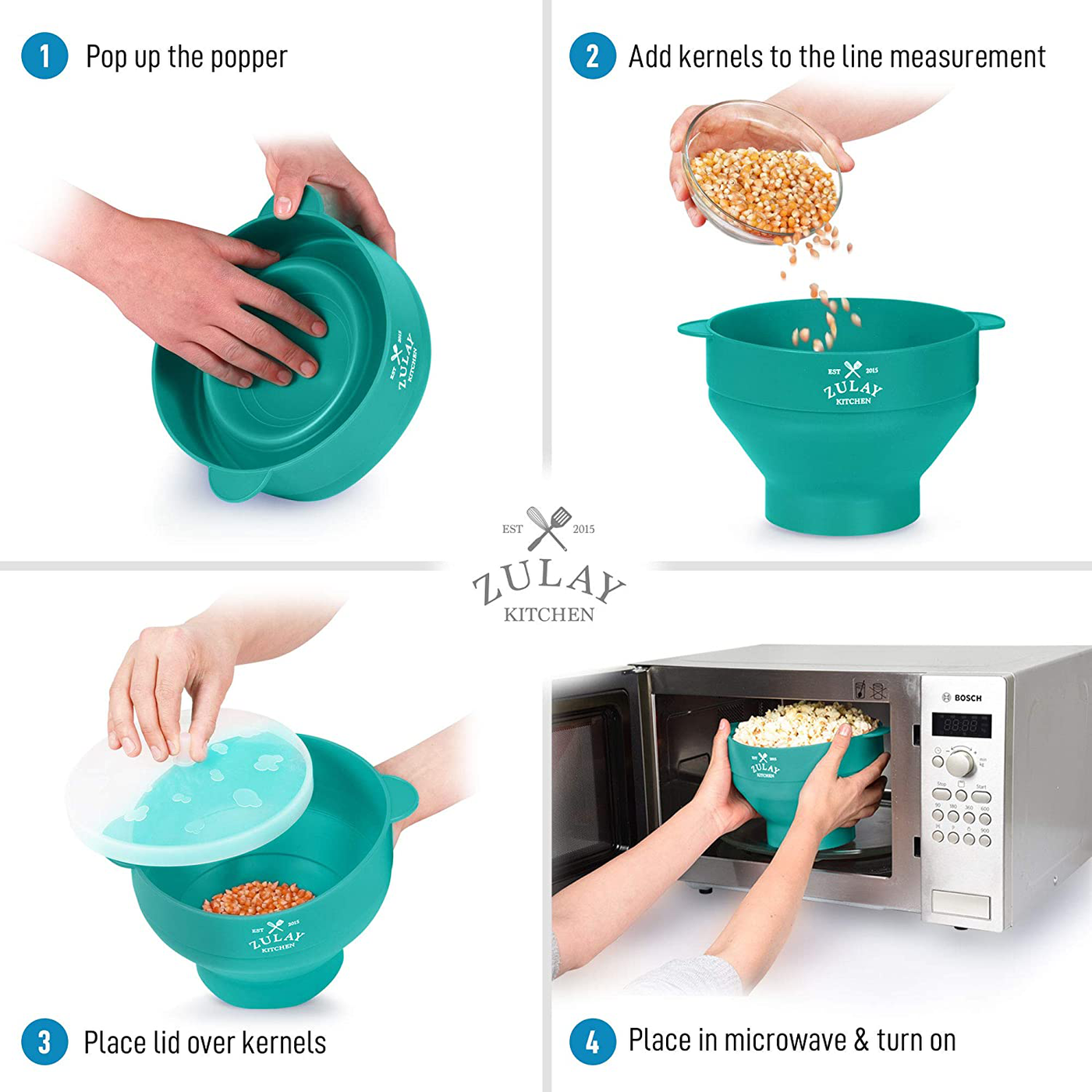 Zulay Kitchen Microwave Popcorn Popper Collapsible, BPA Free Silicone Popcorn Popper Microwave Collapsible Bowl, Quick & Easy Popcorn Popper Silicone Microwave (Aqua)