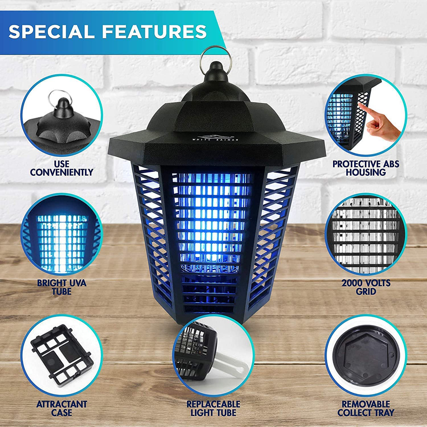 White Kaiman Electric Bug Zapper Outdoor Mosquito Lamp w/Photo-Sensor Timer- High Powered 2000 Volt Grid & 20W UV Tube Insect Attracting Mosquitoes ~ Killer Waterproof Bug Zapper