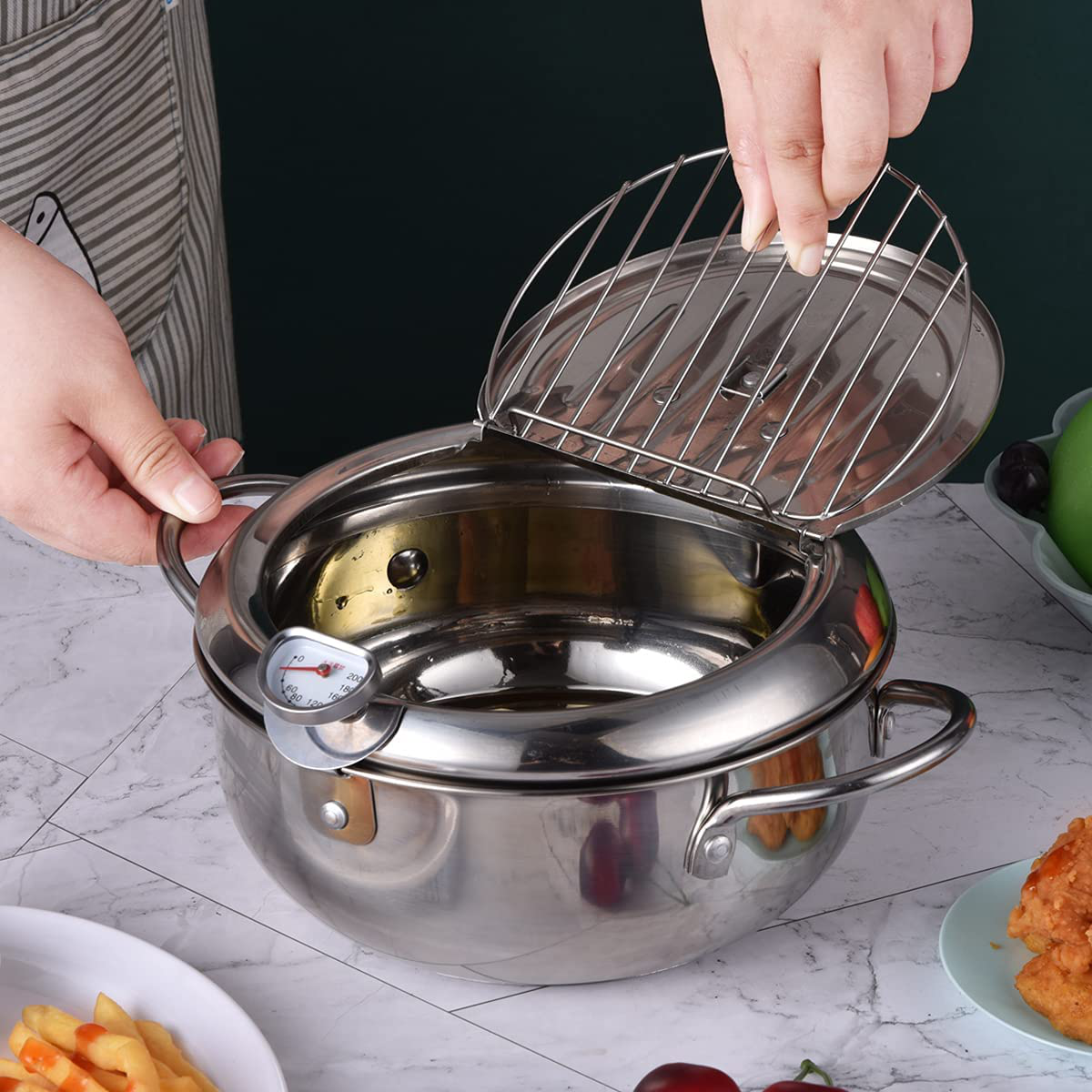 Prodent Oil Fryer Frying Pot,Non-stick Stainless Steel Deep Fryer Pot with Thermometer and Oil Drip Rack Lid,Tempura Fryer Pan with Handle for Home Fry Chicken Chips Fish Shrimp(9.4inch,silver)