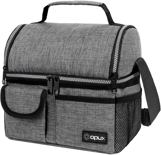 OPUX Insulated Dual Compartment Lunch Bag for Men, Women | Double Deck Reusable Lunch Pail Cooler Bag with Shoulder Strap, Soft Leakproof Liner | Large Lunch Box Tote for Work, School (Heather Grey)