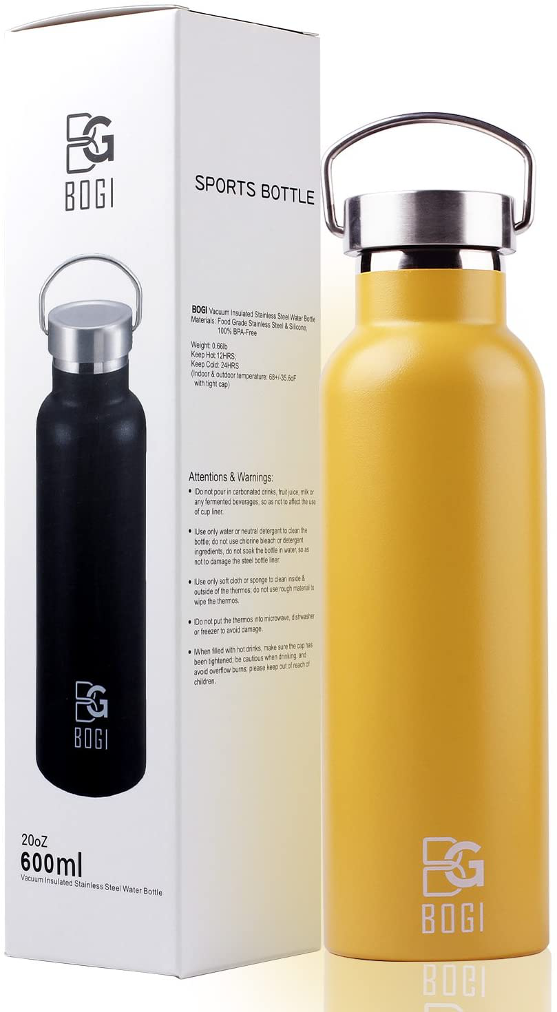 BOGI 20oz Double Wall Vacuum Insulated Stainless Steel Water Bottle-Scratch Resistance&Eco-Friendly for Outdoor Sports Yoga Camping+Straw Flip Cap,2 Straw&Cleaning Brush