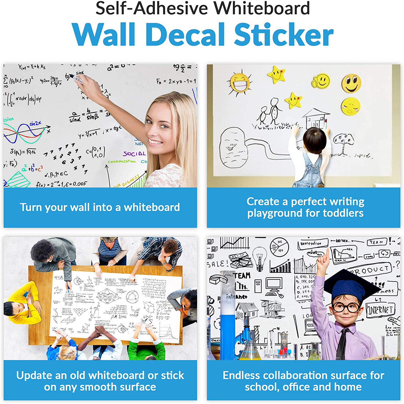 Extra Large Whiteboard Decal Sticker, Self-Adhesive Paper Message Board (6.5 FEET) Peel and Stick Wallpaper with 4 Dry Erase Markers, Size 17.7” X 78.7”
