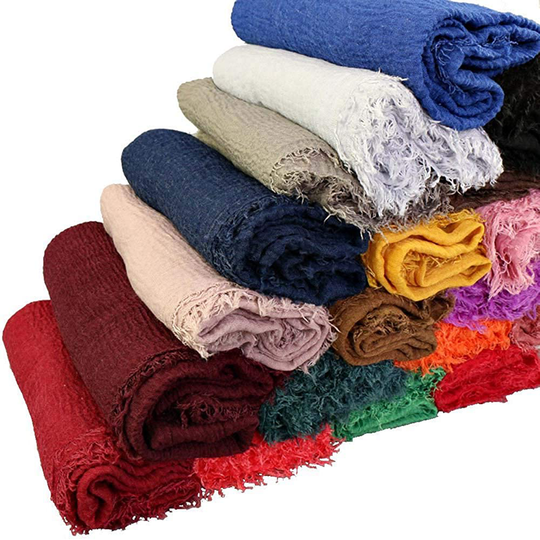 Summer Cotton Blend Crinkle Vintage Soft Scarf with Fringed Edges 35" × 70"