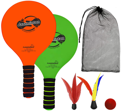 Funsparks Paddle Ball Game Jazzminton Beach for Family and Friends – 2 Paddles, 2 Birdies, 1 Ball and Carry Bag – Wind Birdie Included for Windy Days – Racquet Game for All Ages