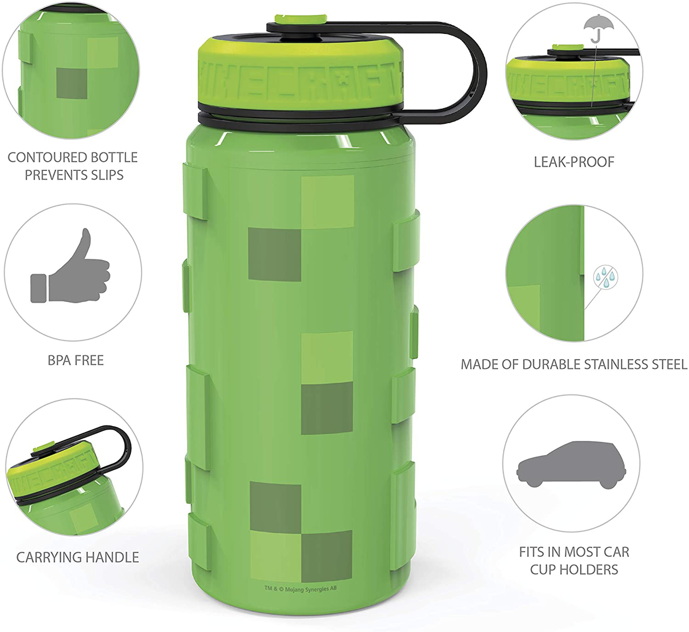 Zak Designs Minecraft 24oz Stainless Steel Vacuum Insulated Water Bottle - Rugged Sports Bottle Easy Grip and Keeps Drinks Cold (24 oz, Minecraft)