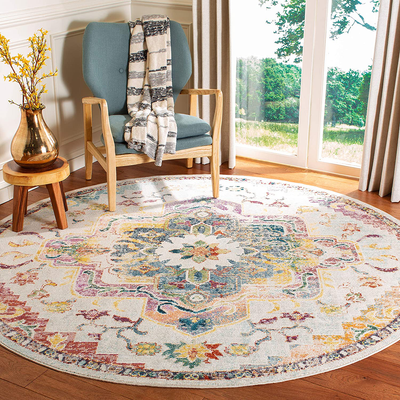 Safavieh Crystal Collection CRS501M Boho Chic Oriental Medallion Distressed Non-Shedding Dining Room Entryway Foyer Living Room Bedroom Area Rug, 5' x 5' Round, Light Blue / Grey