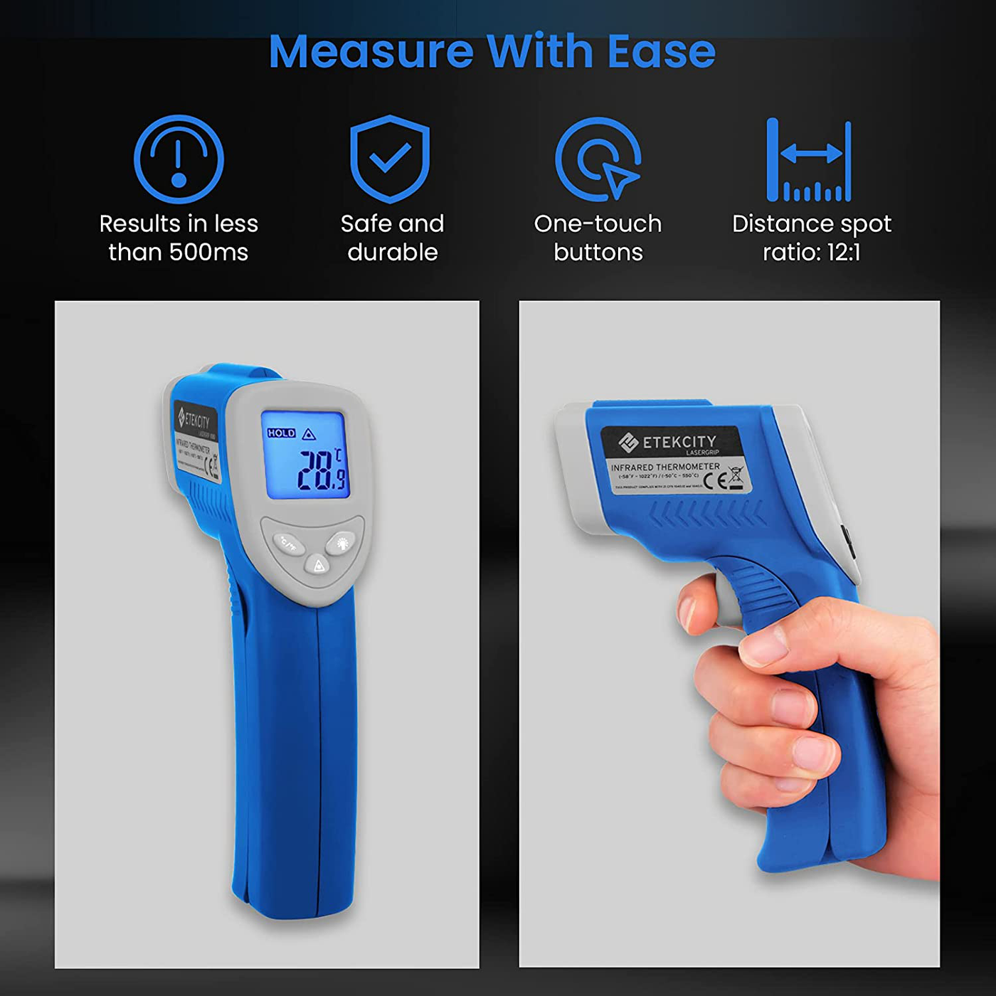 Etekcity Infrared Thermometer Upgrade 774 (Not for Human) Temperature Gun Non-Contact Digital Lasergrip -58℉~ 716℉ (-50℃ ~ 380℃)with Adjustable Emissivity & Max Measure, Orange and Black