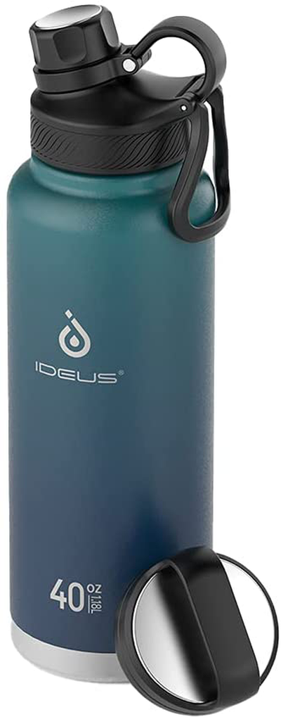 Insulated Water Bottle with 2 Leak-Proof Lids, IDEUS Brand, 40oz, Thermos Water Flask, For Kids, Hiking, Bike, Mars Celadon Color