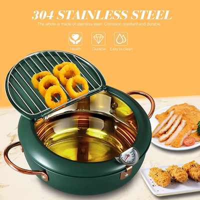 Chihee Deep Fryer with Thermometer 304 Stainless Steel Fry Pot Non-stick Frying Pot with Lid Oil Strainer Rack Beak Diversion Perfect for Family Frying Tempura, French Fries and Chicken Nuggets