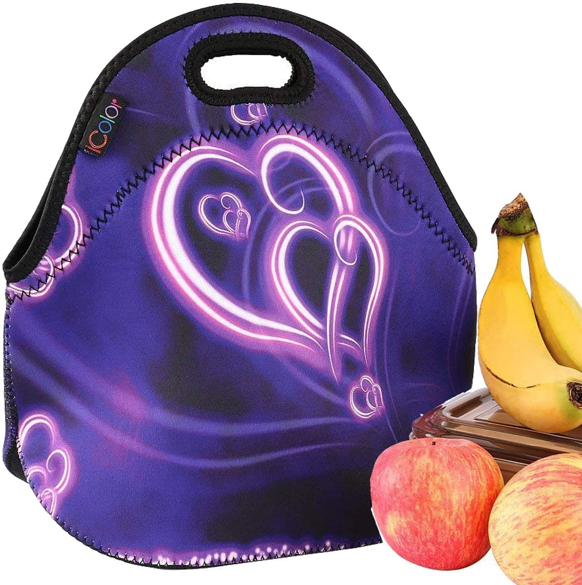 iColor Fashional Purple Hearts Boys Girls Insulated Waterproof Carrying Lunch Tote Bag Cooler Box Neoprene lunchbox Container Soft Case baby Handbag School Travel Outdoor Thermal bag YLB-049