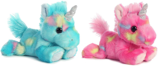 Aurora Bundle of 2 Stuffed Beanbag Animals - Blueberry Ripple Unicorn & Jelly Roll Unicorn, Blue/Pink, Multicolor