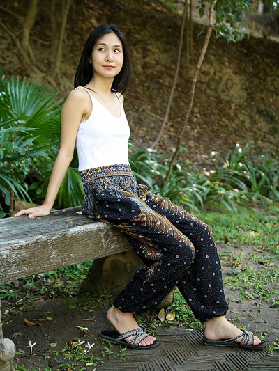 Lannaclothesdesign Women's Smocked Waist Peacock Print Harem Pants Hippie Bohemian Style
