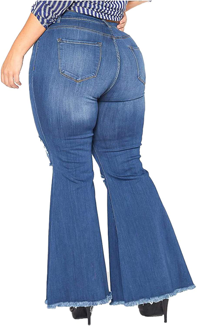 Women's Plus Size Bell Bottom Jeans Elastic Ripped Hole Classic Denim Flare Pants 5XL