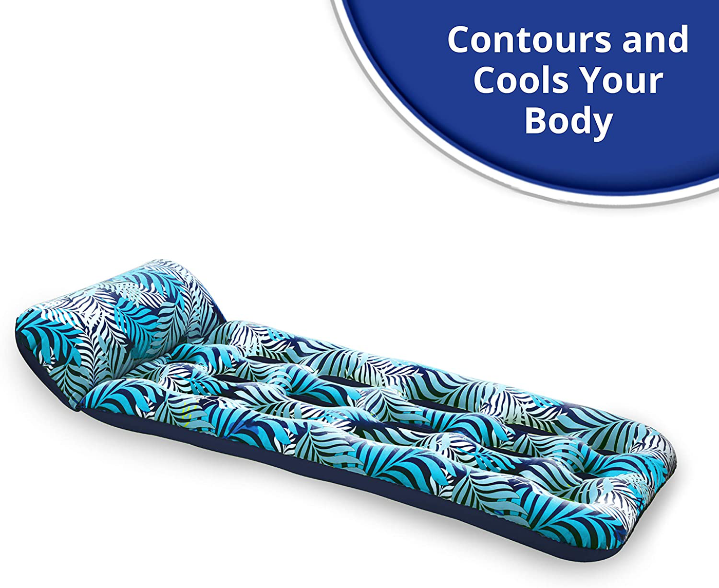 Aqua 18-Pocket Inflatable Contour Lounge, Luxury Fabric, Suntanner Pool Float, Heavy Duty, Blue Ferns