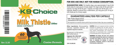 K9 Choice Milk Thistle for Dogs 100 mg - Dog Liver Supplement - 60 Capsules