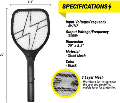 BugKwikZap 2PK of Electric Bug Zapper 3300 V, Mosquito / Fly / Bee Killer Racket, 2AA Battery Powered Fly Swatter Great for Home, Outdoor - Safe to The Touch