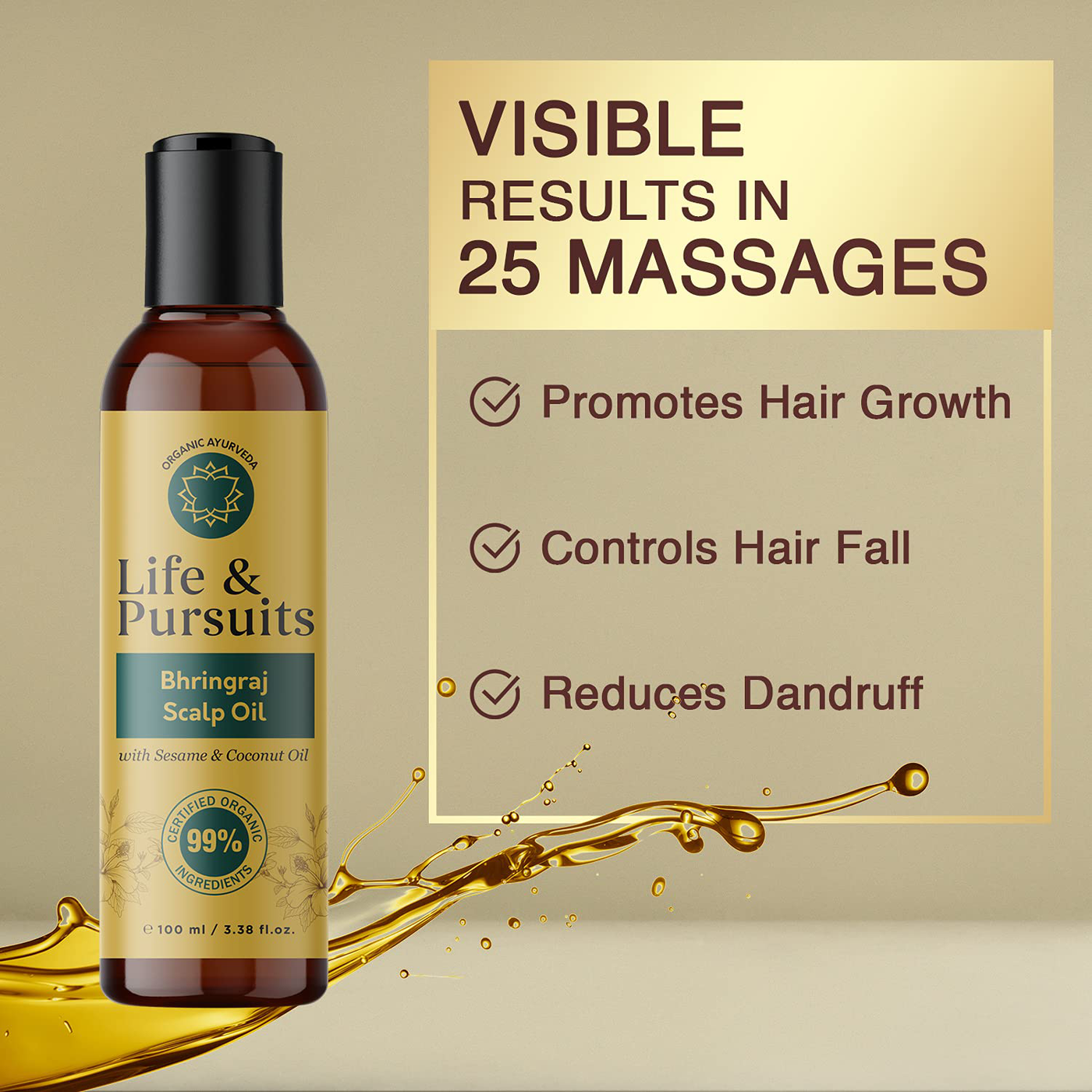 Life & Pursuits Organic Hair Growth Oil (6.76 fl oz) - Ayurvedic Scalp Therapy Oil for Healthy Hair, Goodness of Bhringraj, Amla, Coconut, Sesame, Almond, Onion, & Castor Oil