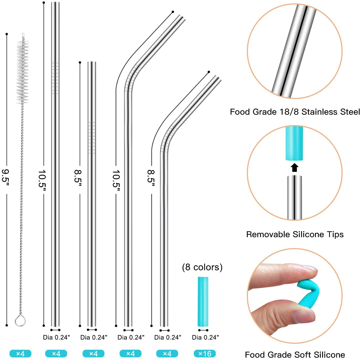 StrawExpert 16 Pack Rainbow Color Reusable Metal Straws with Silicone Tip & Travel Case & Cleaning Brush,Colored Long Stainless Steel Straws Drinking Straw for 20 and 30 oz Tumbler