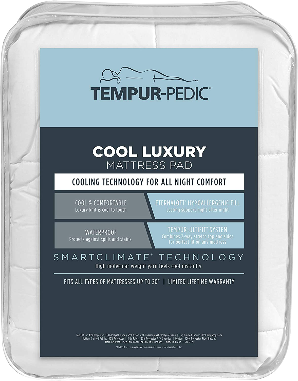 Tempur-Pedic Cool Luxury Mattress Pad, Queen, White