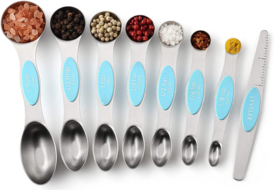 Spring Chef Magnetic Measuring Spoons Set, Dual Sided, Stainless Steel, Fits in Spice Jars, Aqua Sky, Set of 8