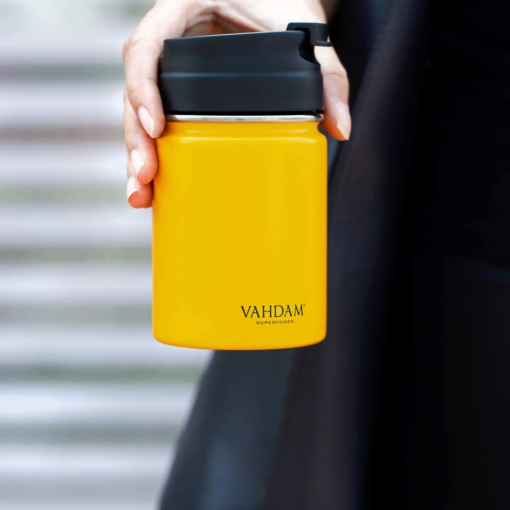 VAHDAM 8.8oz/260ml Stainless Steel Tumbler - Yellow | Vacuum Insulated Coffee Mug Double Wall | Sweat-proof Sipper Tumbler with Lid for Hot and Cold Drinks | Travel Coffee Sports Tumbler