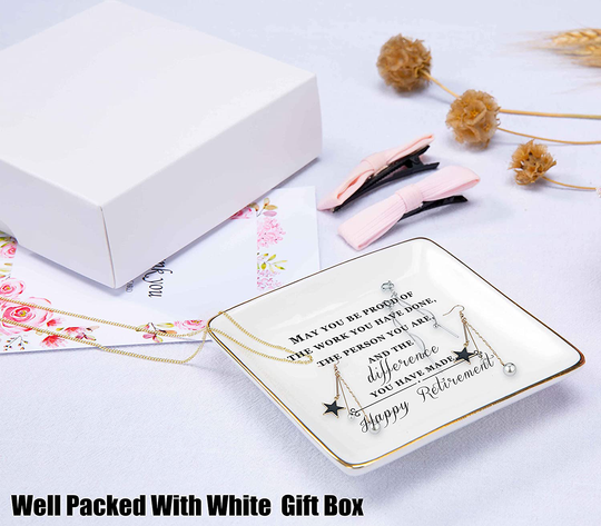 Happy Retirement Gifts for Women – Ceramic Jewelry Holder Ring Dish Trinket Tray – Retirement Appreciation Gift -Gift for Mom Boss Co-workers, Teachers,Nurse,Friends,Wife,Sister
