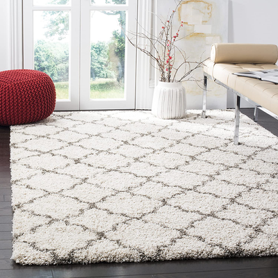 SAFAVIEH Hudson Shag Collection SGH282A Moroccan Trellis Non-Shedding Living Room Bedroom Dining Room Entryway Plush 2-inch Thick Area Rug, 5'3" x 5'3" Square, Ivory / Grey