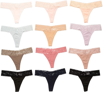 12 Pack Women's Lace Thongs - Assorted Colors