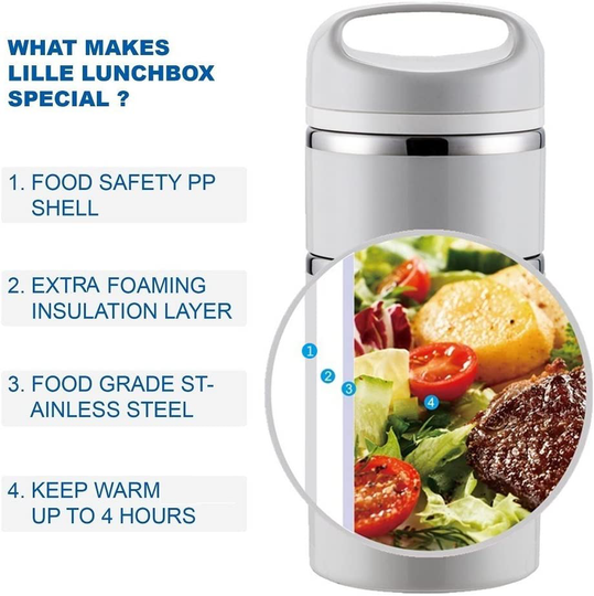 Lille Home Stackable Stainless Steel Thermal Compartment Lunch/Snack Box, 3-Tier Insulated Bento/Food Container with Upgraded Lunch Bag, Portable Cutlery Set and 3 Extra Silicone Seals, 43 OZ, Gray