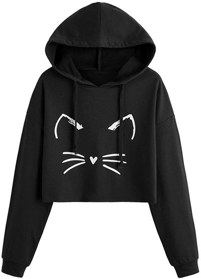 Women's Casual Cat Print Long Sleeve Crop Top Sweatshirt Hoodies