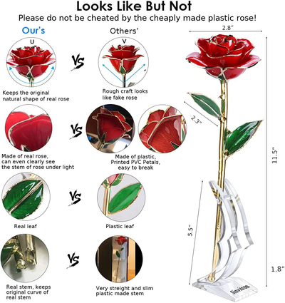 Gold Dipped Rose, Sinvitron Long Stem 24k Gold Dipped Real Rose Lasted Forever with Stand, Best Anniversary Gifts for Her