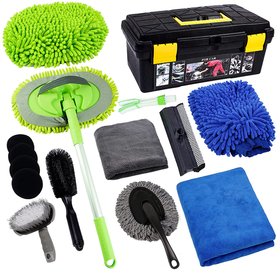 FORCAR 15pcs Car Cleaning Kit, Car Wash Brush Mop with 43" Long Handle, Chenille Microfiber Mitt, Extendable Long Pole Window Water Scraper for Interior and Exterior Car Detailing Kit