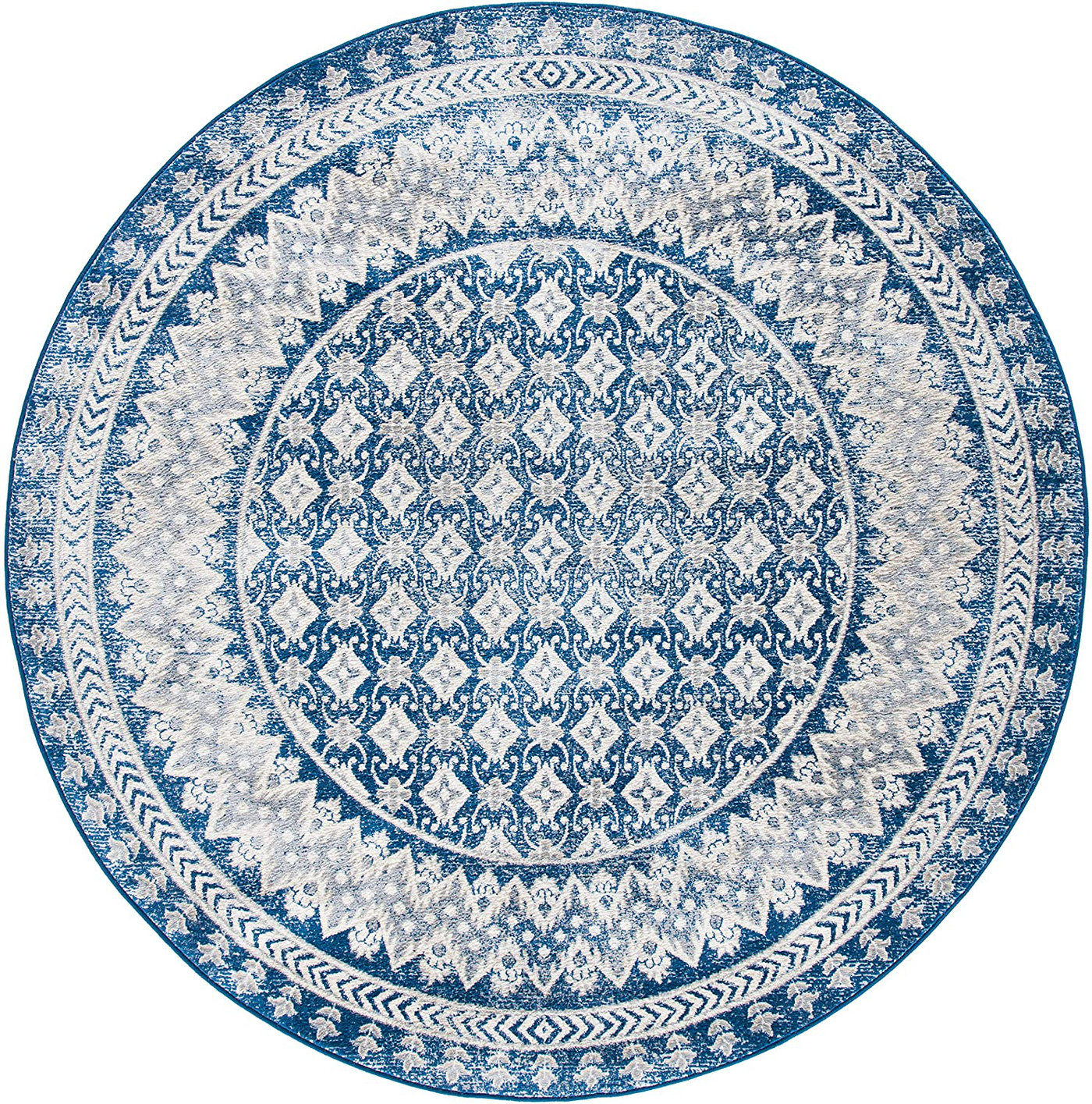 Safavieh Brentwood Collection BNT899N Traditional Oriental Distressed Non-Shedding Stain Resistant Living Room Bedroom Area Rug, 6'7" x 6'7" Round, Navy / Beige