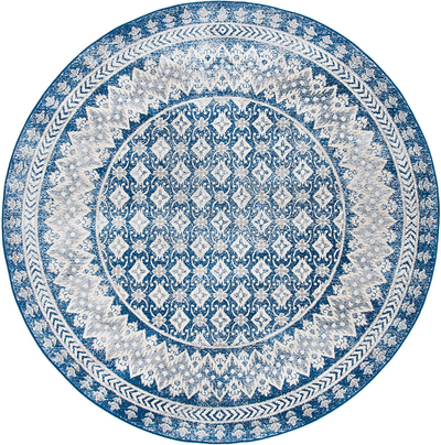 Safavieh Brentwood Collection BNT899N Traditional Oriental Distressed Non-Shedding Stain Resistant Living Room Bedroom Area Rug, 6'7" x 6'7" Round, Navy / Beige