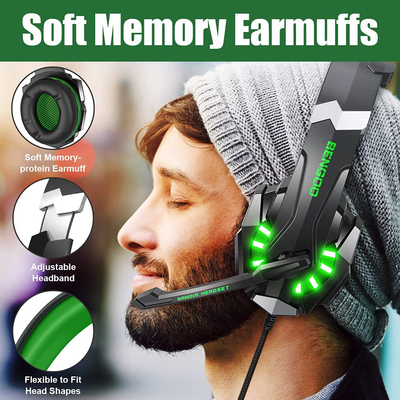BENGOO G9000 Stereo Gaming Headset for PS4 PC Xbox One PS5 Controller, Noise Cancelling Over Ear Headphones with Mic, LED Light, Bass Surround, Soft Memory Earmuffs for Laptop Mac - Green