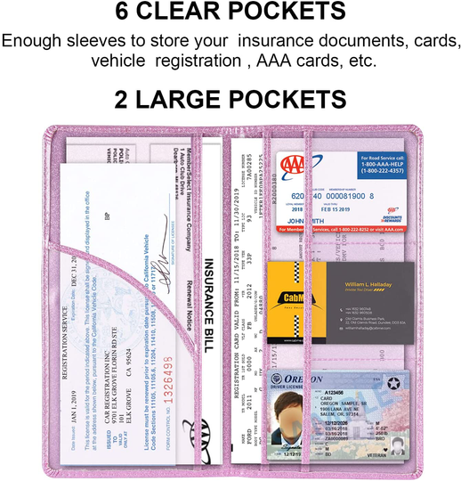 Car Registration and Insurance Holder, Vehicle Glove Box Car Organizer Men Women Wallet Accessories Case with Magnetic Shut for Cards, Essential Document, Driver License by Cacturism, Bling Pink