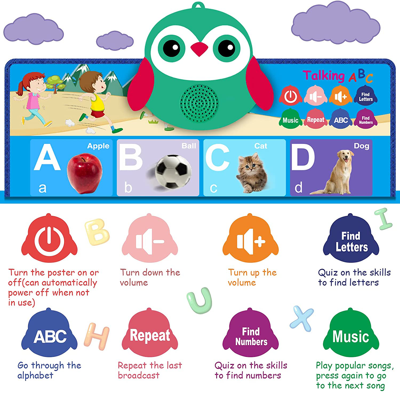 Vimzone Electronic Interactive Alphabet Wall Chart, Talking Poster,Learning ABC&123s Numbers&Music,Preschool Educational Toys and for 3+ Years Old Boys Girls ,9 PCS.