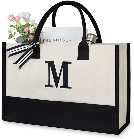 Personalized Initial Canvas Beach Bag, Monogrammed Gift Tote Bag for Women