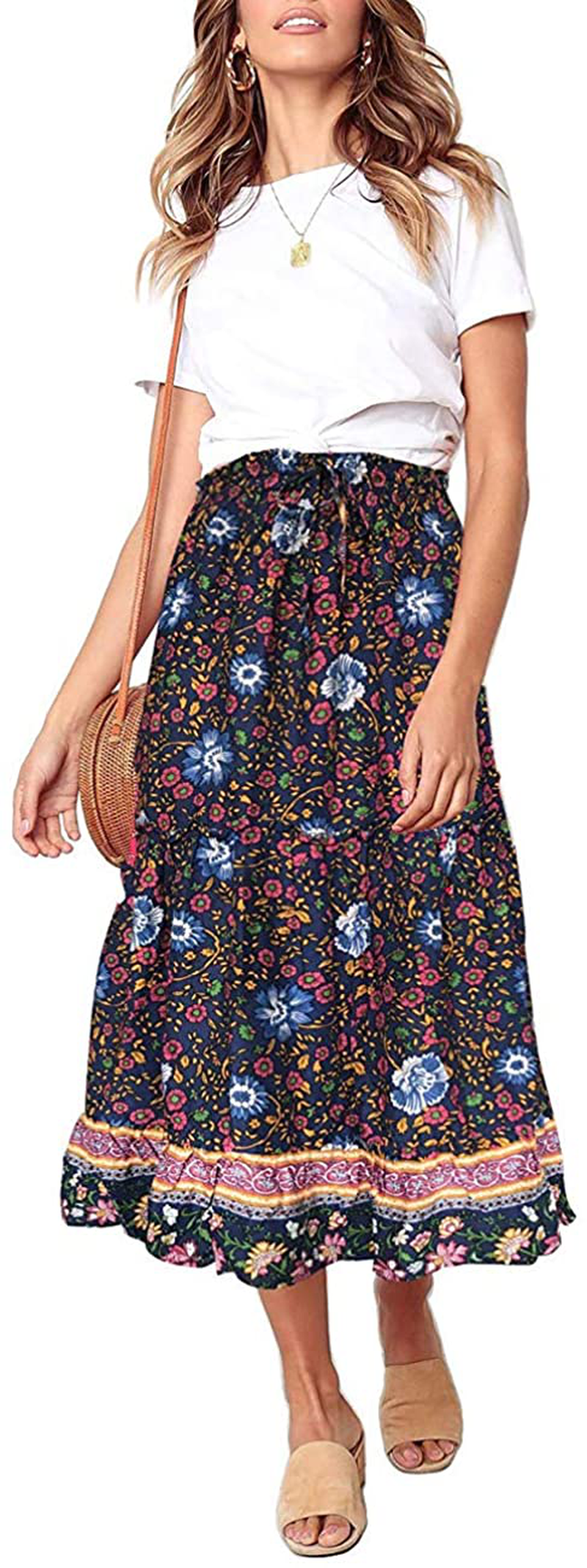 MEROKEETY Women's Boho Floral Print Elastic High Waist Pleated A Line Midi Skirt