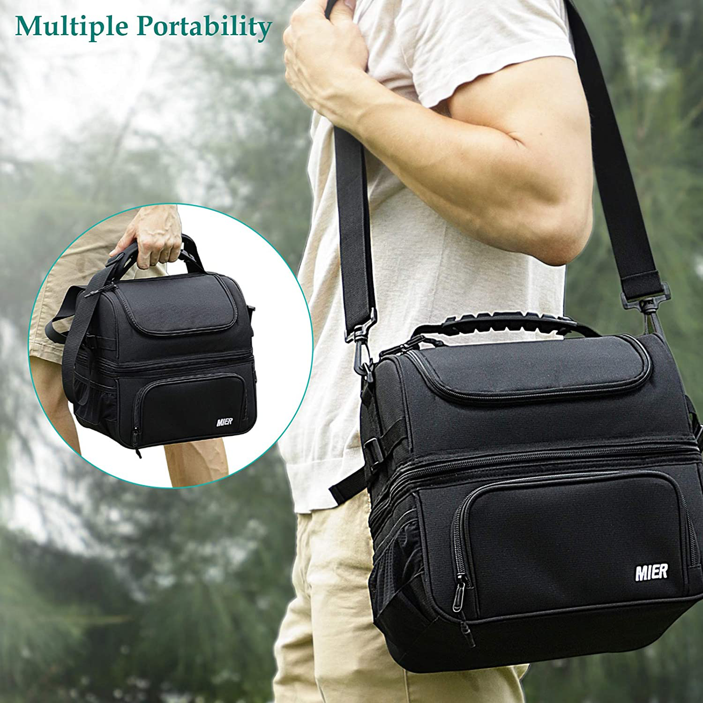 MIER Dual Compartment Lunch Bag Tote with Shoulder Strap for Men and Women Insulated Leakproof Cooler Bag, Black