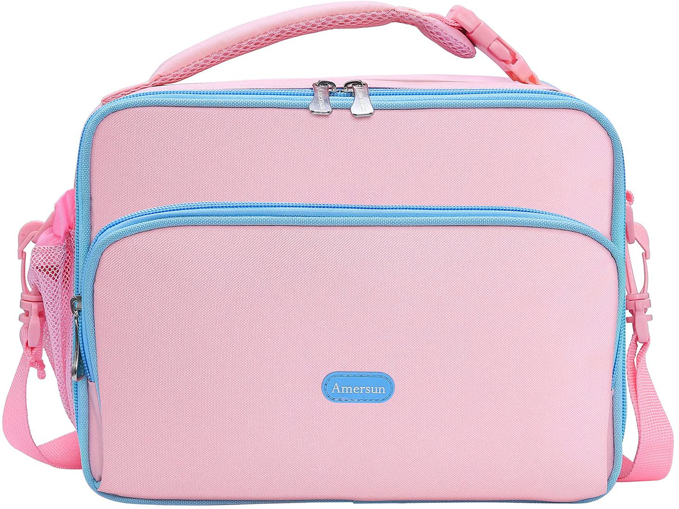 Amersun Lunch Bag for Kids - Padded Durable Insulated Lunch Box with Adjustable Shulder Strap & 2 Pockets for Girls Toddler School,Thermal Freezable Lunch Cooler Tote Keep Food Warm Cold Fresh,Pink