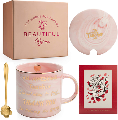 Luspan Teacher Gift - Teacher Appreciation Gifts - Best Gifts for Teachers - Best Teacher Gifts for Women - Pink Marble Ceramic Coffee Mugs 11.5oz and Lid