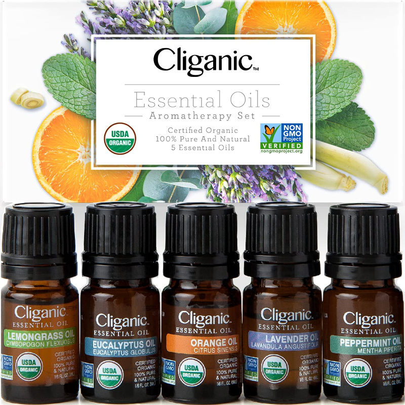 Set of 5 100% Pure Natural Cliganic USDA Organic Aromatherapy Essential Oils
