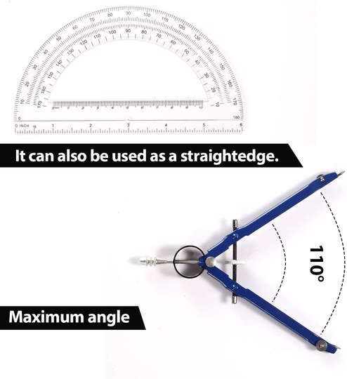 Professional Precision Compass Set, Metal Spring Bow Compass with Protractor, Lock, Pencil Leads & Screw Replacements, for Geometry, Math, Drafting, Drawing & Measuring, School & Office Supplies